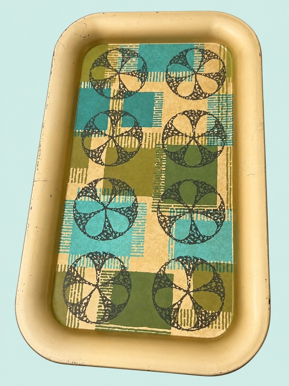 Vintage MCM Metal Serving Tray Abstract Floral Teal Green Gold 1960s 70s